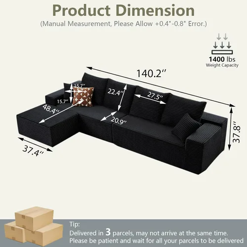 Vista 2 de Sofá modular de nube de 140 pulgadas para sala de estar, sofá modular de asiento profundo, juego de sofás de pana grandes y cómodos con espuma