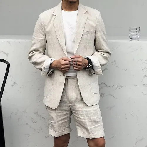 Vista 2 de Traje de lino para hombre, 2 piezas, pantalones cortos de esmoquin, boda, playa
