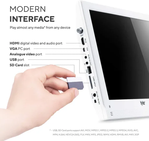 Vista 3 de Tyler Monitor LCD portátil de TV de 13.3 pulgadas, funciona con batería de litio recargable de 1080P, 3 antenas, HDMI, SD, USB, RCA, radio FM