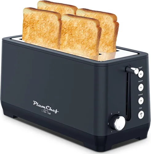 Vista 10 de Tostadora de ranura larga extra ancha de 4 rebanadas, bandeja extraíble para migas, 6 ajustes de tostado, funciones de bagel/descongelación, 1650 W