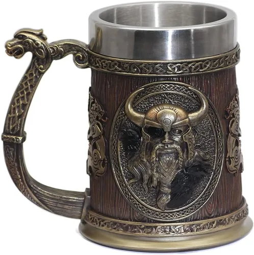 Vista 8 de GuoShuang Decoración nórdica de acero inoxidable de madera viking café fresco taza viking regalo para hombres taza de cerveza stein