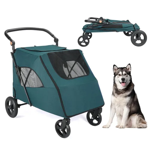 Vista 9 de Cochecito de viaje grande para perros con 4 ruedas resistentes, con mango ajustable, doble capacidad para perros con puerta delantera trasera