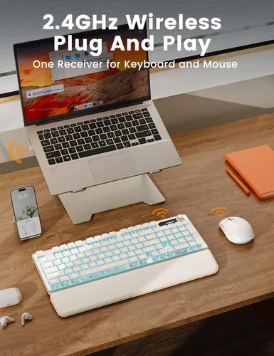 Vista 8 de Combo de teclado y mouse inalámbricos, 9 efectos retroiluminados, reposamuñecas, teclas de doble disparo, panel de metal, recargable de larga Blanco
