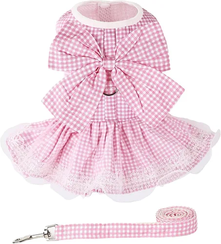 Vista 6 de Vestido para perro a cuadros con lazo, bonito vestido para perro pequeño, gato, cachorro con correa de arnés (azul, talla XS)