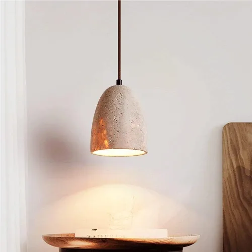 Vista 5 de Small Yellow Travertine Hanging Lamp Vintage Mid Century Living Room Pendant Lights Modern Simple Wood Dome Chandeliers for Farmhouse Restaurant