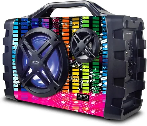 Vista 10 de NEM Mobi7e Altavoz estéreo portátil inalámbrico Bluetooth de alto rendimiento con graves extra, grabación USB, batería recargable, entrada de Negro