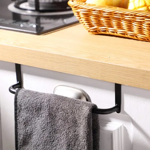 Vista 6 de 2 piezas barra toallero de metal para gabinete de cocina, barra toallero de acero para colgar en el interior o exterior de las puertas, hogar, Negro