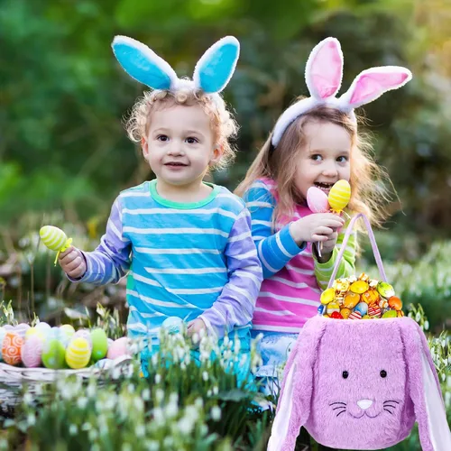 Vista 8 de Cesta de conejo de Pascua de felpa, cubos de Pascua con monograma con orejas largas de felpa, bolsas de regalo de Pascua para caza de huevos, bolsas