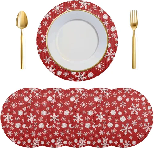 Vista 15 de Juego de 6 manteles individuales redondos, copos de nieve sobre rojo oscuro, resistentes al calor, para mesa de comedor, decoración de Navidad