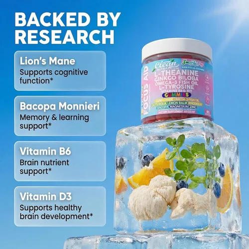 Vista 3 de Clean Nutra Kids Focus - Gomitas con L-teanina, ginkgo biloba, aceite de pescado omega-3, L-tirosina, vitamina B6, B12-60 unidades, etiqueta limpia