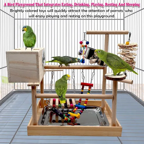 Vista 4 de kathson Parque infantil para pájaros, soporte de juego de loro, gimnasio de juego de periquitos con caja de cría y tazas de comida, soporte de perca
