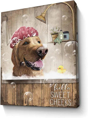 Vista 25 de Bonito oso para decoración de baño, arte de pared divertido con estampado de oso de casa de campo, pintura decorativa de pared enmarcada moderna