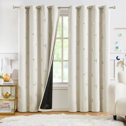 Vista 18 de Jubilantex - Cortinas opacas con diseño de mariposa dorada, 80 % rosa bebé Cortinas opacas 80% rosa lavanda/rosa bebé, estampado de mariposa