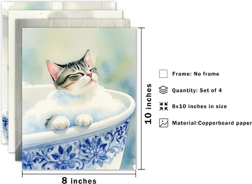 Vista 7 de DEQSX - Juego de 4 impresiones divertidas de arte de pared de baño de estilo chino azul y blanco con gatos, regalos para amantes de gatos, pósters
