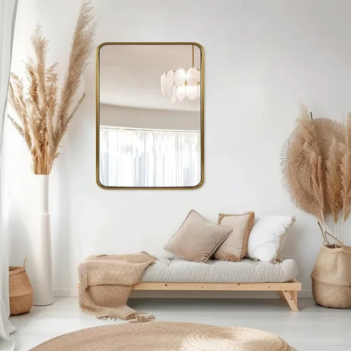 Vista 8 de Espejo de latón para baño, espejo rectangular redondeado de 22x30 pulgadas con marco de metal cepillado dorado, espejo de tocador de baño sin