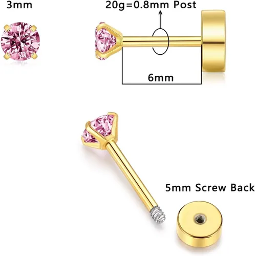 Vista 11 de 3mm Tiny CZ Flat Back Stud Earrings,14K Gold Small Screw on Cubic Zirconia Earrings for Cartilage Helix Tragus Piercing Jewelry Gift for Women Girls