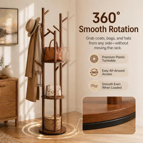 Vista 2 de Perchero giratorio de madera maciza independiente, árbol de 360° con 3 estantes y 9 ganchos, soporte de madera de caucho resistente, perchero
