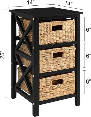 Vista 3 de eHemco Mesa auxiliar de 3 niveles con diseño en X y cestas de mimbre para mesita de noche, sala de estar, negro 3 cestas de mimbre, para mesita