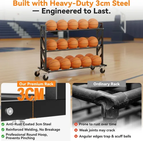 Vista 5 de Bastidores de baloncesto para pelotas, carrito de bolas resistente con ruedas, almacenamiento de baloncesto de 3 niveles y 20 bolas, carrito