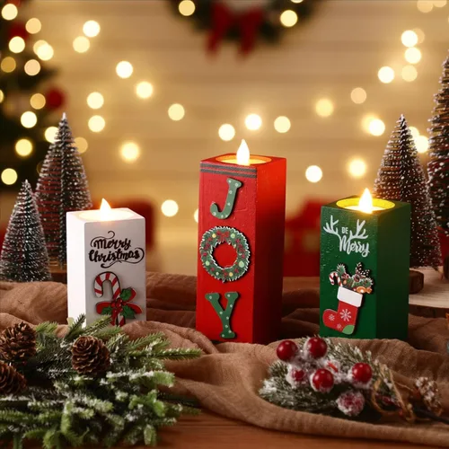 Vista 6 de SiliFine 3 portavelas de Navidad, centros de mesa de Navidad, decoración de madera, candelabros, centros de mesa rústicos, centros de mesa