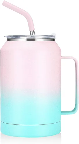 Vista 8 de zenbo - Vaso de acero inoxidable aislado al vacío con asa, tapa y popote, mantiene las bebidas frías hasta 36 horas, cuerpo a prueba de sudor, apto