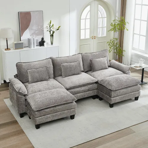 Vista 39 de URRED - Sofá seccional modular tipo nube, cómodo sofá cama de chenilla moderna con asientos profundos y otomán/almohadas para sala de estar
