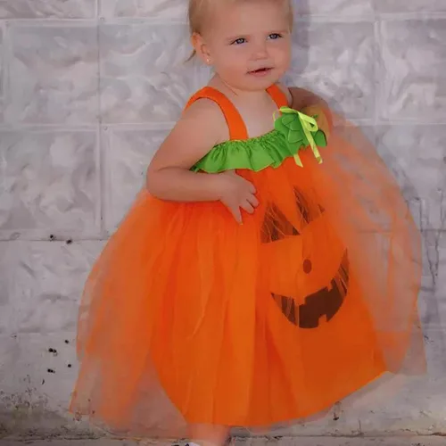 Vista 7 de Disfraz de princesa de tul para niñas pequeñas sin mangas con estampado de calabazas de Halloween de malla y tul