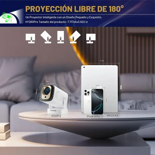 Vista 2 de Proyector portátil HY260 PRO MINI actualizado, soporte nativo 1080P para resolución 4K con Bluetooth 5.4 WIFI6 300 ANSI Android 11,180° giratorio
