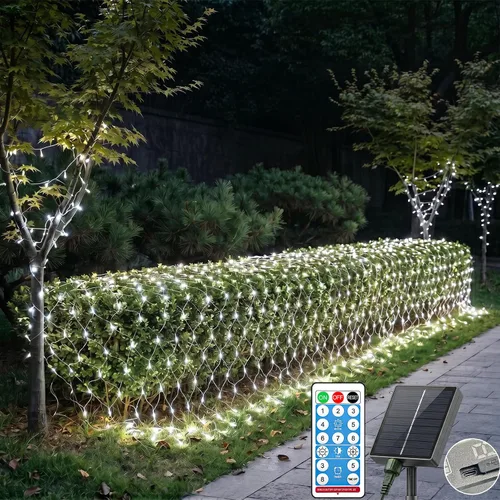 Vista 12 de LitHome Red solar de 11.5 x 5 pies, impermeable, 240 luces LED solares y USB, control remoto, 8 modos de luz de malla para arbustos, jardín, césped