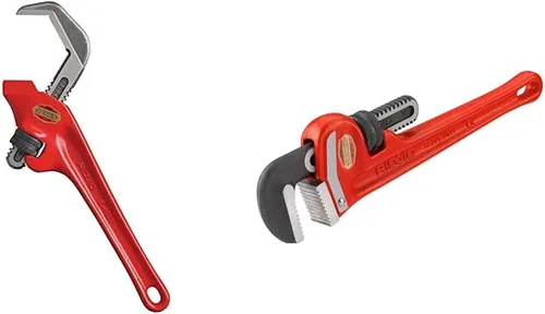 Vista 8 de RIDGID 31305 Modelo E-110 Llave de tubo de 9.5" con boca hexagonal desviada, roja, fabricada en EE. UU. y 31010 Modelo 10 Llave de tubo recta