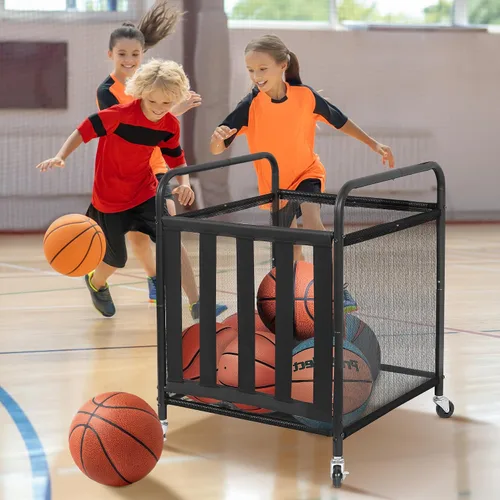 Vista 4 de STO STO Paquete de 2 carros de almacenamiento de pelotas deportivas con ruedas, jaula de baloncesto con cierre con correas elásticas, organizador