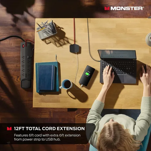 Vista 6 de Monster Power Center Vertex XL Protector de sobretensiones con regleta de alimentación desmontable, 10 salidas de CA, 2 puertos USB-A y 1 puerto