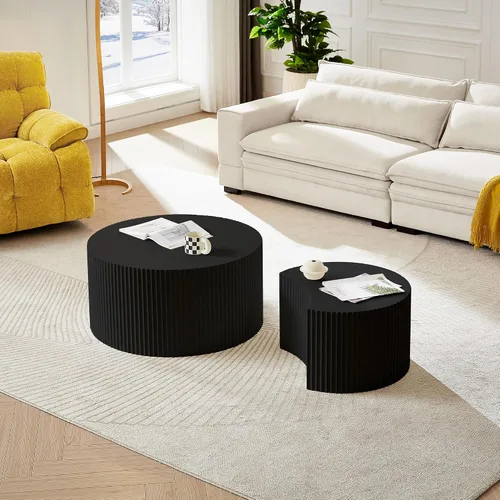 Vista 12 de JUSTONE Juego de 2 mesas de centro redondas anidadas, mesas decorativas de madera modernas marrones que ahorran espacio para espacios pequeños