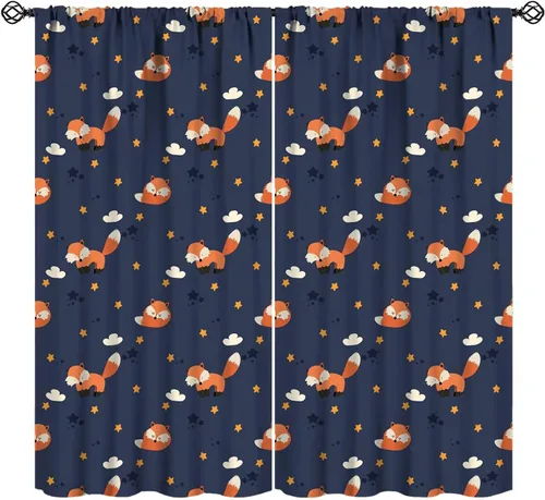 Vista 9 de Cortinas opacas de dibujos animados de animales de bosque naranja, zorro, flores, luna, hojas azules, arte abstracto, niños y niñas, decoración