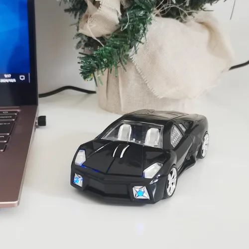 Vista 2 de Ratón inalámbrico, ratón deportivo para automóvil con faros LED, receptor USB, mouse inalámbrico en forma de coche para computadoras, laptop, Mac
