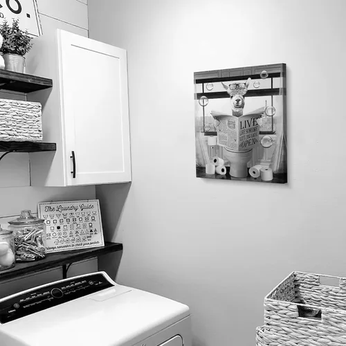 Vista 7 de Luslya Divertido arte de pared de alpaca para baño, linda alpaca sentada en el inodoro, lectura de periódicos, póster enmarcado en blanco y negro