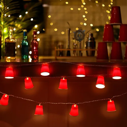 Vista 7 de Hiboom Cadena de luces LED rojas de 13 pies con 20 tazas rojas, mini luces de taza de chupito