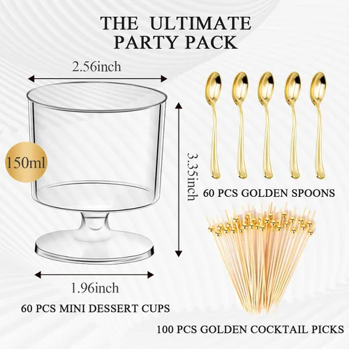 Vista 2 de DI QIU REN 120 Piezas Vasos de Postre de 5oz con Cuchara Dorada, Vaso de Plástico Transparente para Postre Parfait Aperitivo Pudín, Copas Redondas