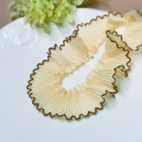 Vista 3 de Cinta de gasa plisada de 1 yarda x 1.2 in, ribete de volantes para bricolaje, apliques de costura, borde beige + marrón