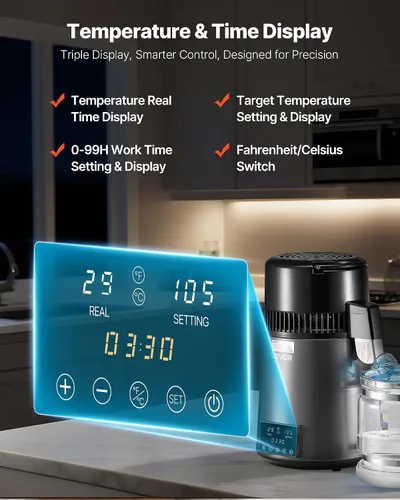 Vista 3 de VEVOR Destilador de Agua de 1750W, Fabricante de Agua Destilada de 0.4 Gal/H con Garrafa de Vidrio, Máquina Destiladora de Encimera de 4L/1.1 Gal