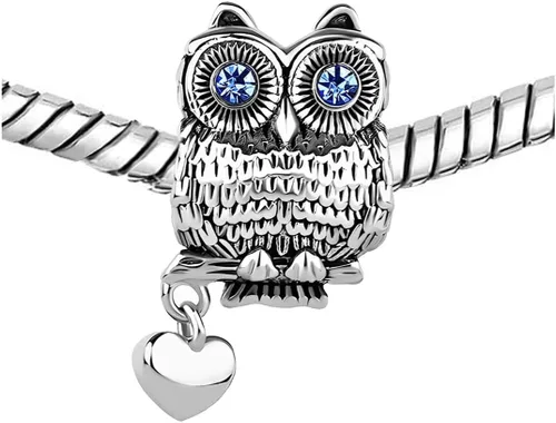 Vista 3 de KunBead Bonitos dijes de cuentas de corazón con ojos de cristal de búho, compatibles con pulseras Pandora, regalos de joyería de cumpleaños