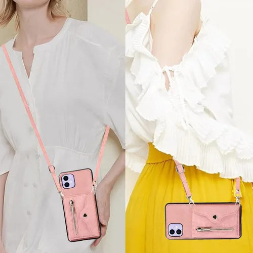 Vista 5 de Asuwish Funda de teléfono para iPhone 11 6.1 con correa cruzada para muñeca, soporte para tarjetas de crédito, accesorios de cuero para celulares