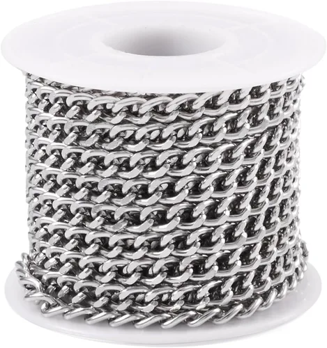 Vista 24 de FASHEWELRY Cadena de eslabones de aluminio de 16.4 pies sin soldar, rollo de cadenas de eslabones dorados con carrete para hacer collares, joyas