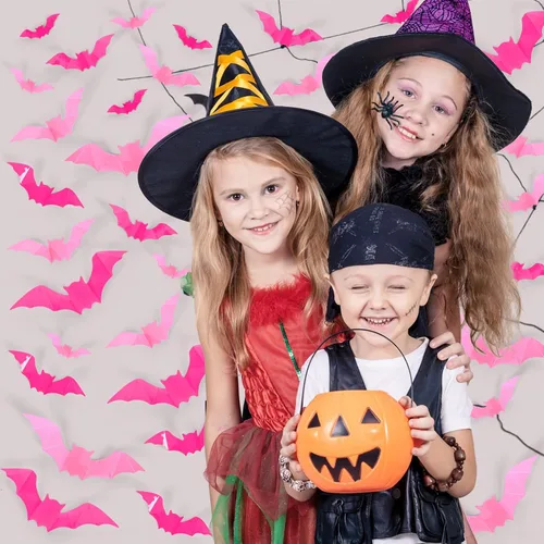 Vista 5 de Whaline 112 piezas de decoración de pared de Halloween, murciélagos 3D con adhesivo de espuma, rosa y rojo rosa, impermeables, calcomanías de Rosa