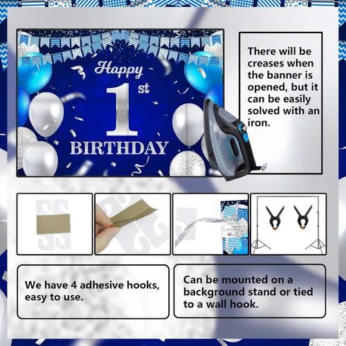 Vista 4 de Bandera de feliz primer cumpleaños con fondo azul marino, globos, confeti, bandera de rayas, luces de puntos, felicitaciones por el tema de 1 año