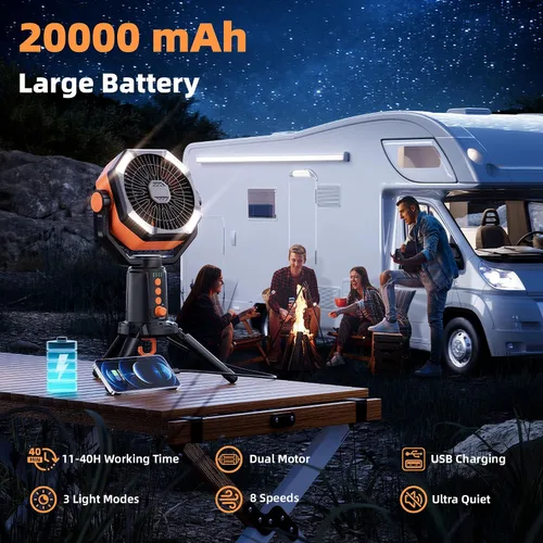 Vista 2 de MORIKO Trípode de ventiladores de mesa, 20000 mAh, recargable, funciona con pilas, ventilador portátil para tienda de campaña con linterna LED