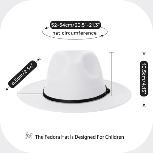Vista 2 de Sombrero de fieltro clásico de ala ancha para niños y niñas, con lazo y hebilla de cinturón Todo blanco