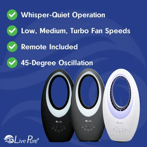 Vista 3 de LivePure Ventilador oscilante sin aspas con filtro. Ajuste de 3 velocidades, control táctil, ventilador de enfriamiento silencioso. Ventilador