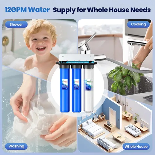 Vista 6 de Sistema de filtro de agua para toda la casa, sistema de filtración de agua de 3 etapas para toda la casa, entrada/salida de 3/4 pulgadas, reduce