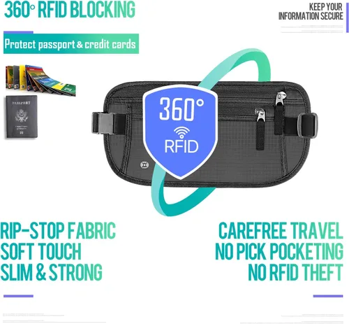 Vista 4 de WALNEW Cinturón de dinero de viaje Cartera de viaje oculta con bloqueo RFID, Negro, talla única , Cartera RFID